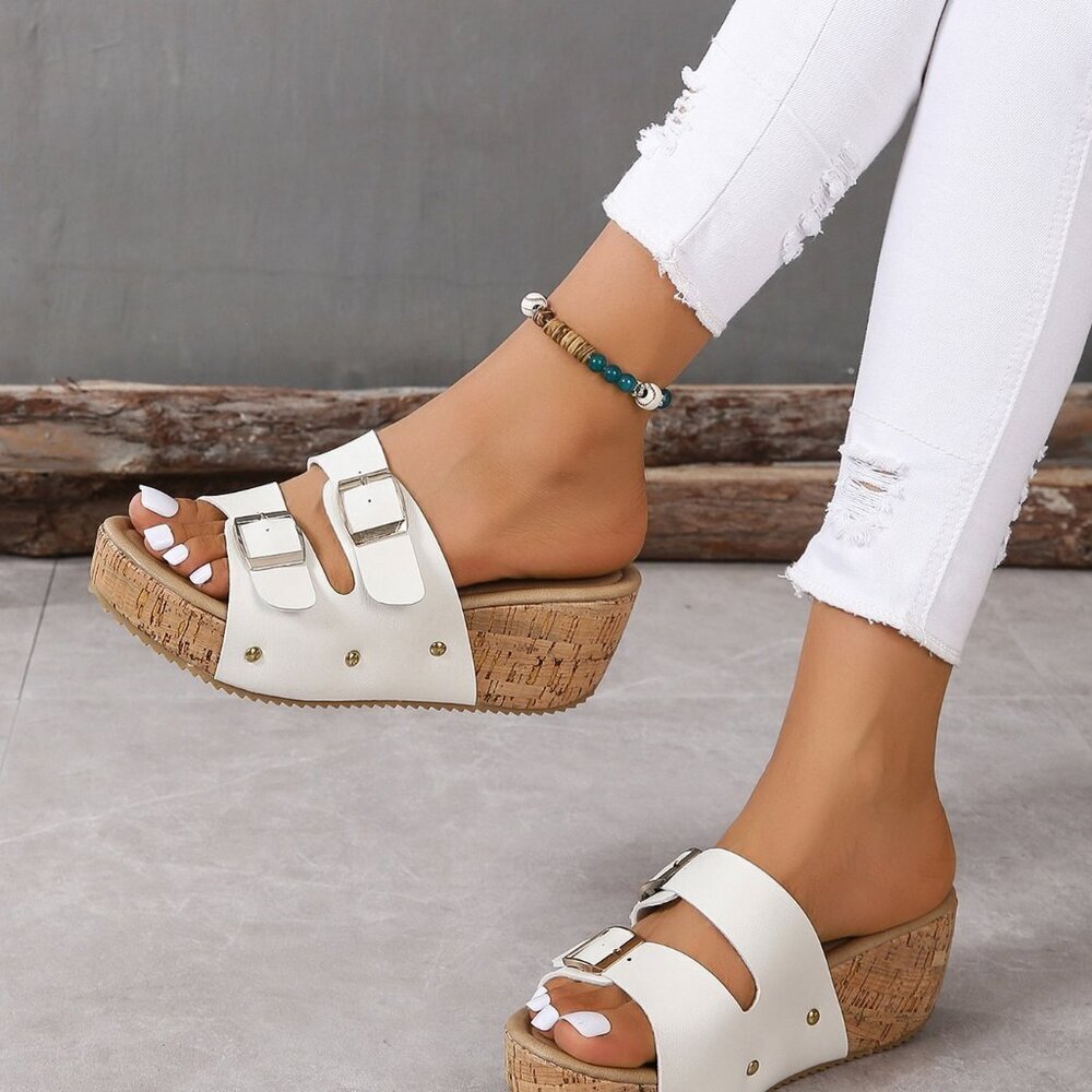 White Women's Casual Double Buckle Platform Wedge Sandals - Picture 1 of 5